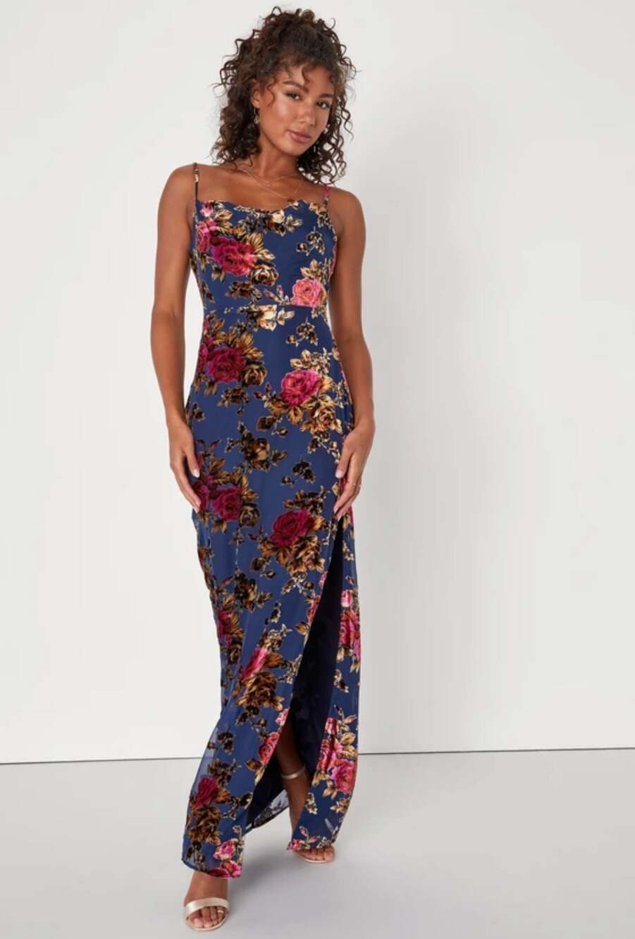 NWT Lulus Blue Floral Slit Maxi Dress Boho Wedding Guest Vacation Summer Dress